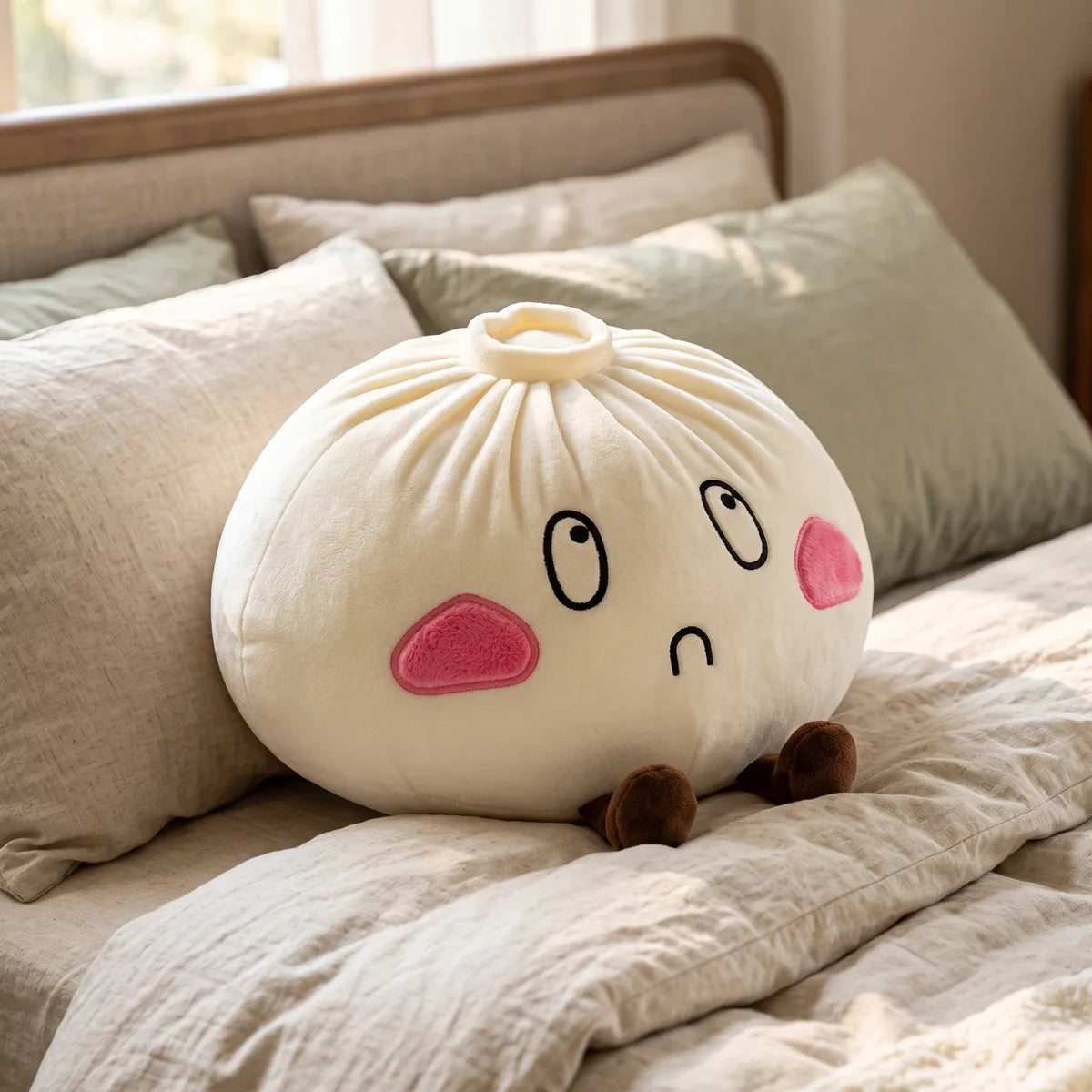 Giant Funny Sorrow Dumpling Squishy Plush used as a pillow on a cozy bed