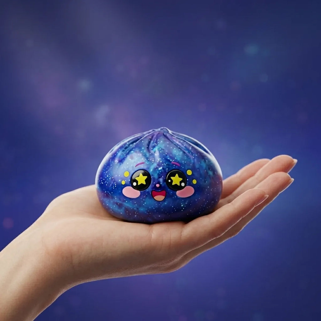 Hand holding a cosmic galaxy dumpling squishy