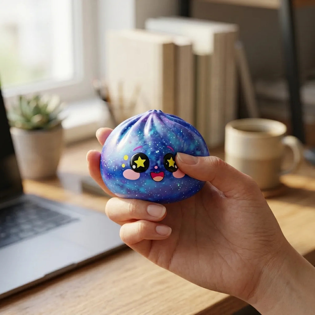 Person playing with a galaxy dumpling squishy for stress relief