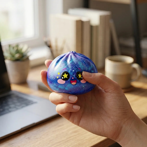 Person playing with a galaxy dumpling squishy for stress relief