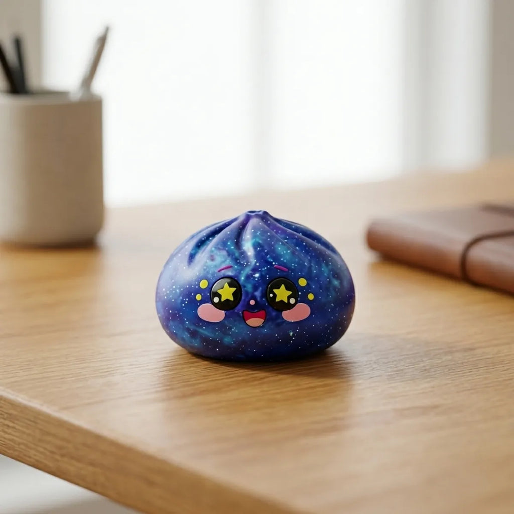 Galaxy dumpling squishy displayed on a desk surface