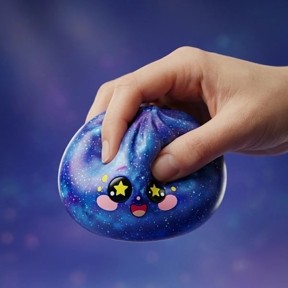 Close-up of fingers pressing the galaxy dumpling squishy