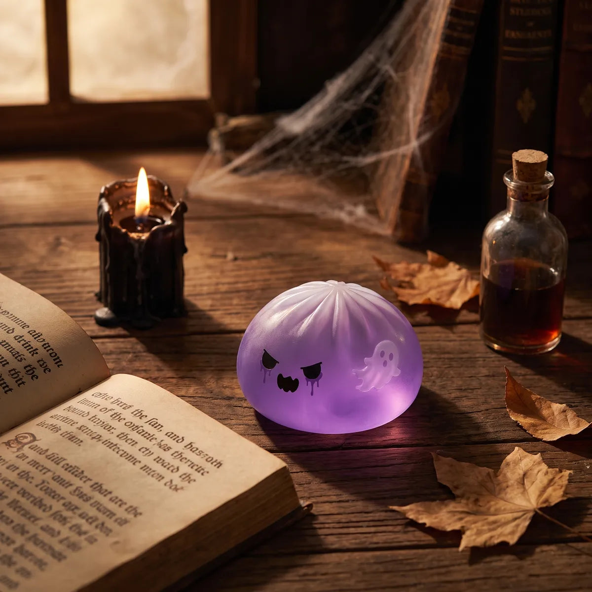 Ghost dumpling squishy styled in a spooky Halloween scene