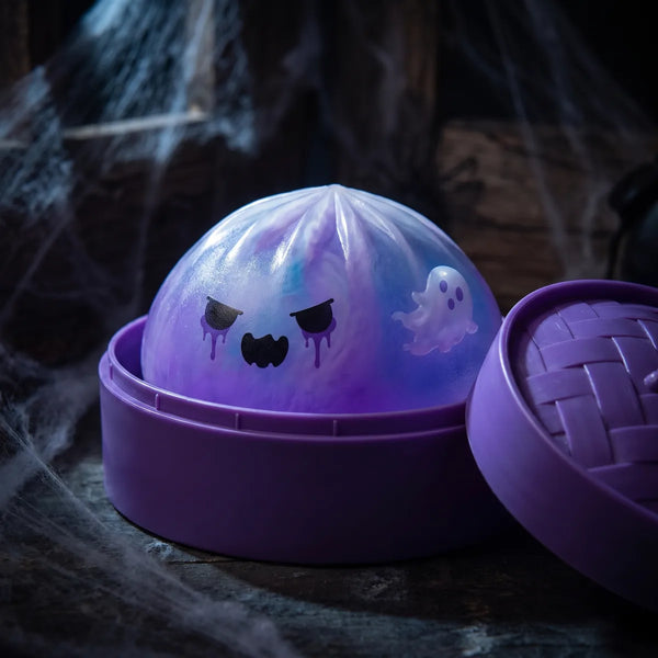 Ghost dumpling squishy inside a bamboo steamer box