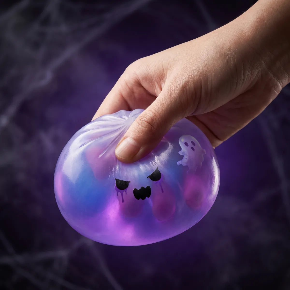 Ghost dumpling squishy being squished to show slow-rise foam