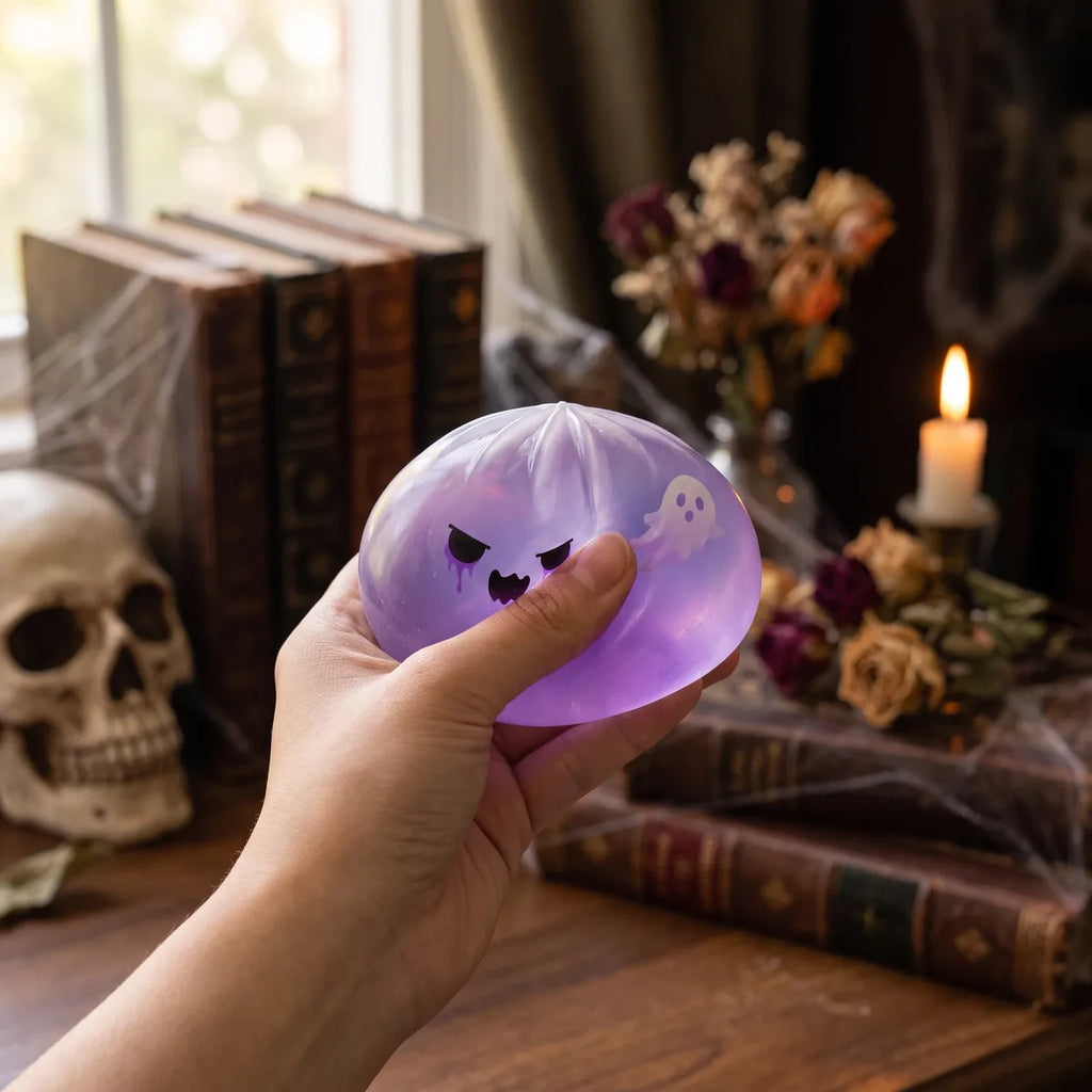 Person using a ghost dumpling squishy for stress relief