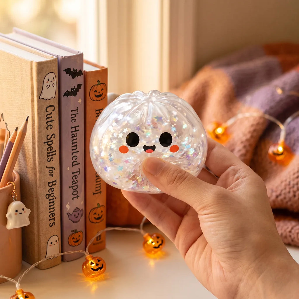 Person using the ghost Halloween dumpling squishy as a quiet hand fidget toy