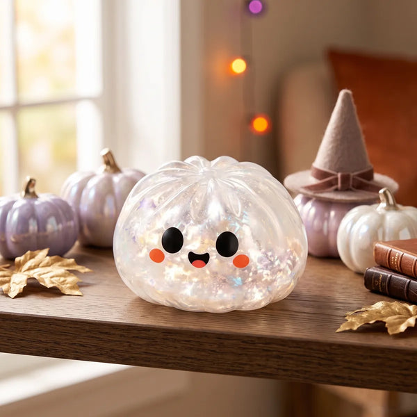 Ghost Halloween dumpling squishy styled in a pastel starry Halloween lifestyle scene