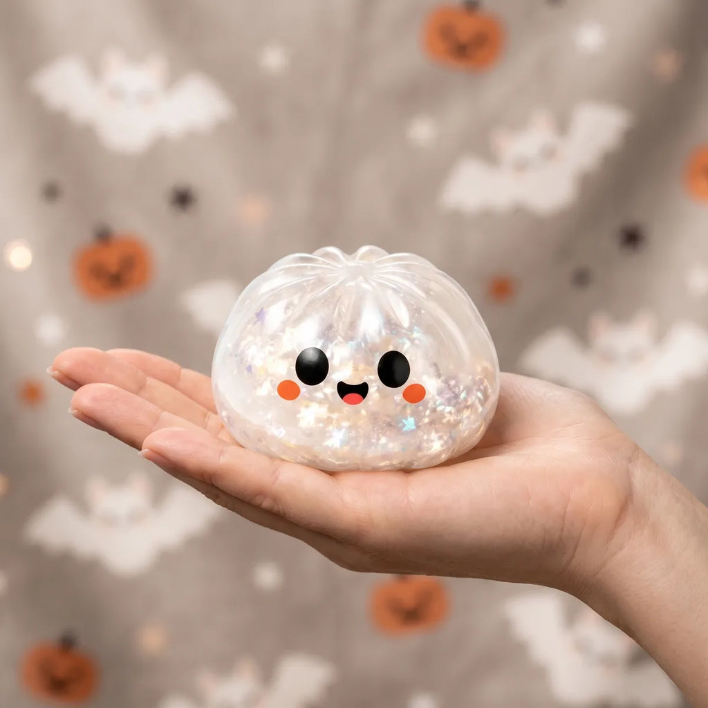 Hand holding the ghost Halloween dumpling squishy to compare the 5.5 cm and 10 cm sizes