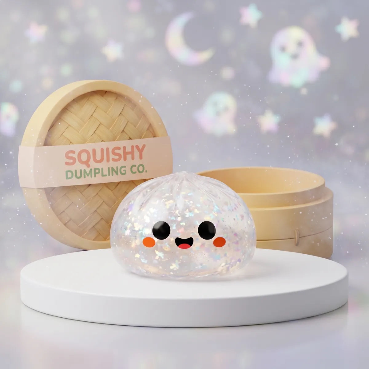 Clear iridescent glitter ghost Halloween dumpling squishy with a smiling face on a white podium Main image