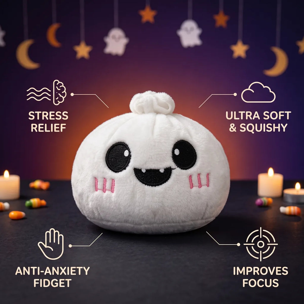 Moonlit Ghost Halloween Dumpling Squishy Plush infographic: stress relief, ultra soft and squishy, anti-anxiety fidget, improves focus