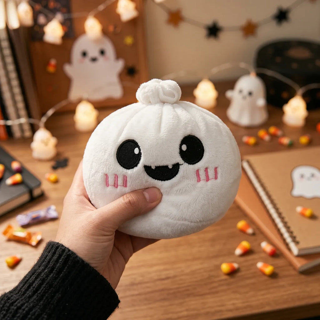 Person squeezing the Moonlit Ghost Halloween Dumpling Squishy Plush as a fidget toy at a desk decorated for Halloween