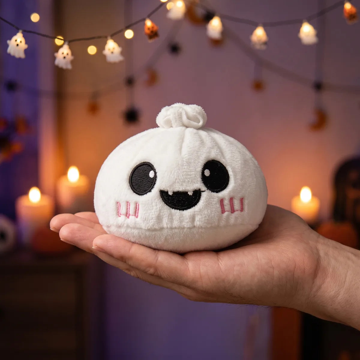 Moonlit Ghost Halloween Dumpling Squishy Plush resting on an open palm to show its real size