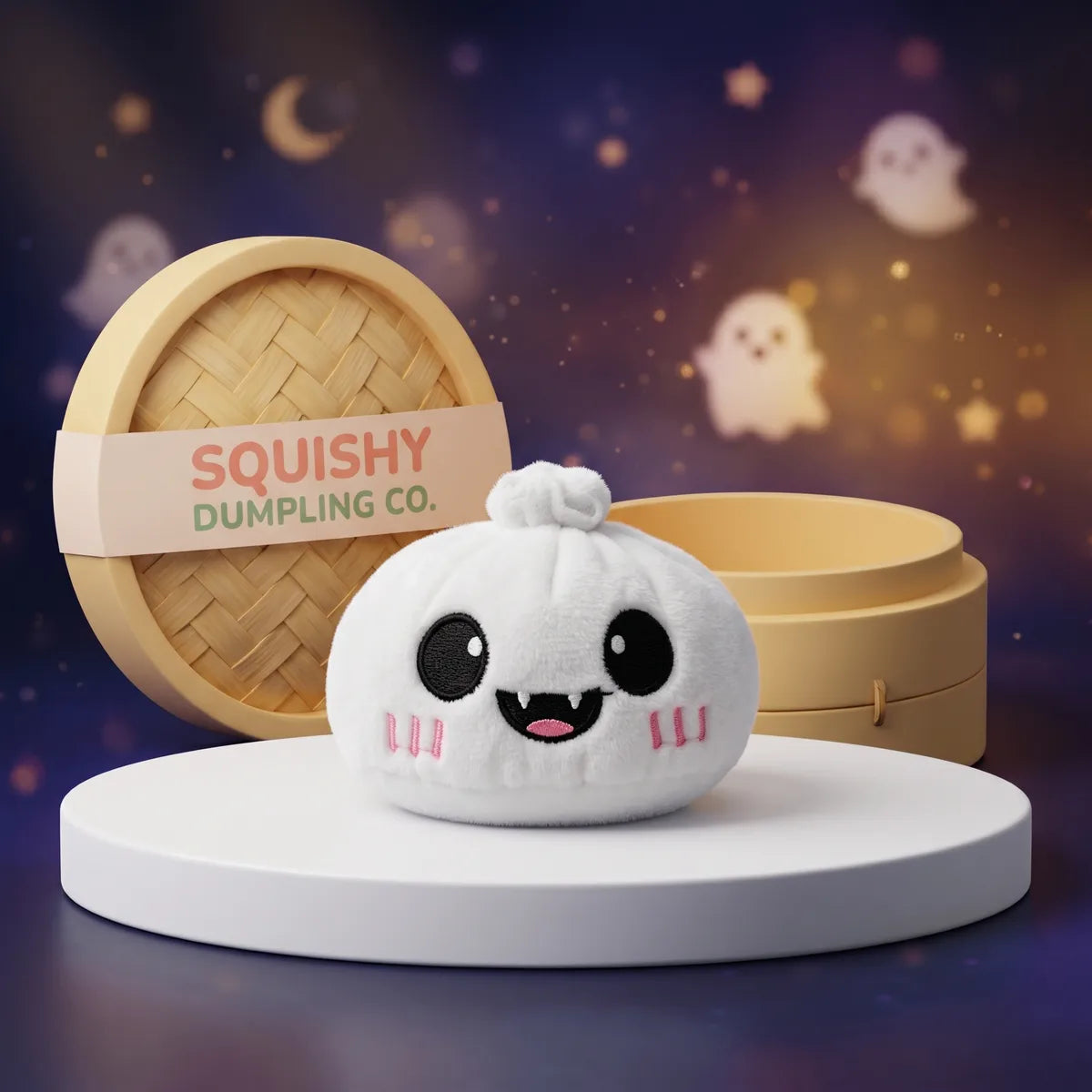 Moonlit Ghost Halloween Dumpling Squishy Plush on a white studio podium beside a steamer basket