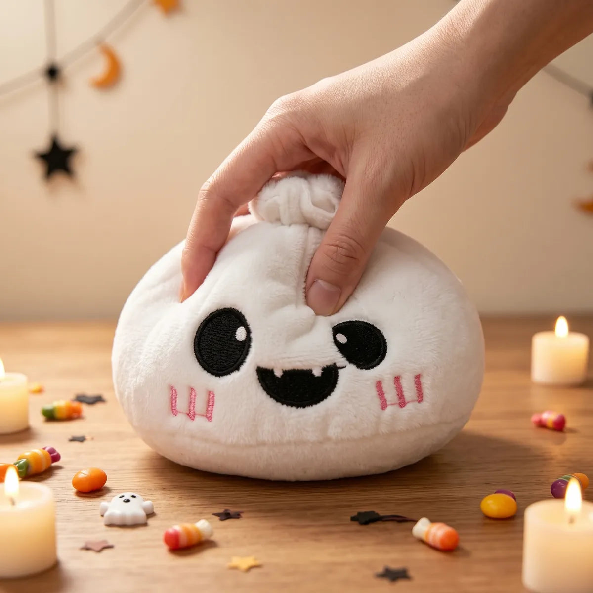 Hand squeezing the Moonlit Ghost Halloween Dumpling Squishy Plush