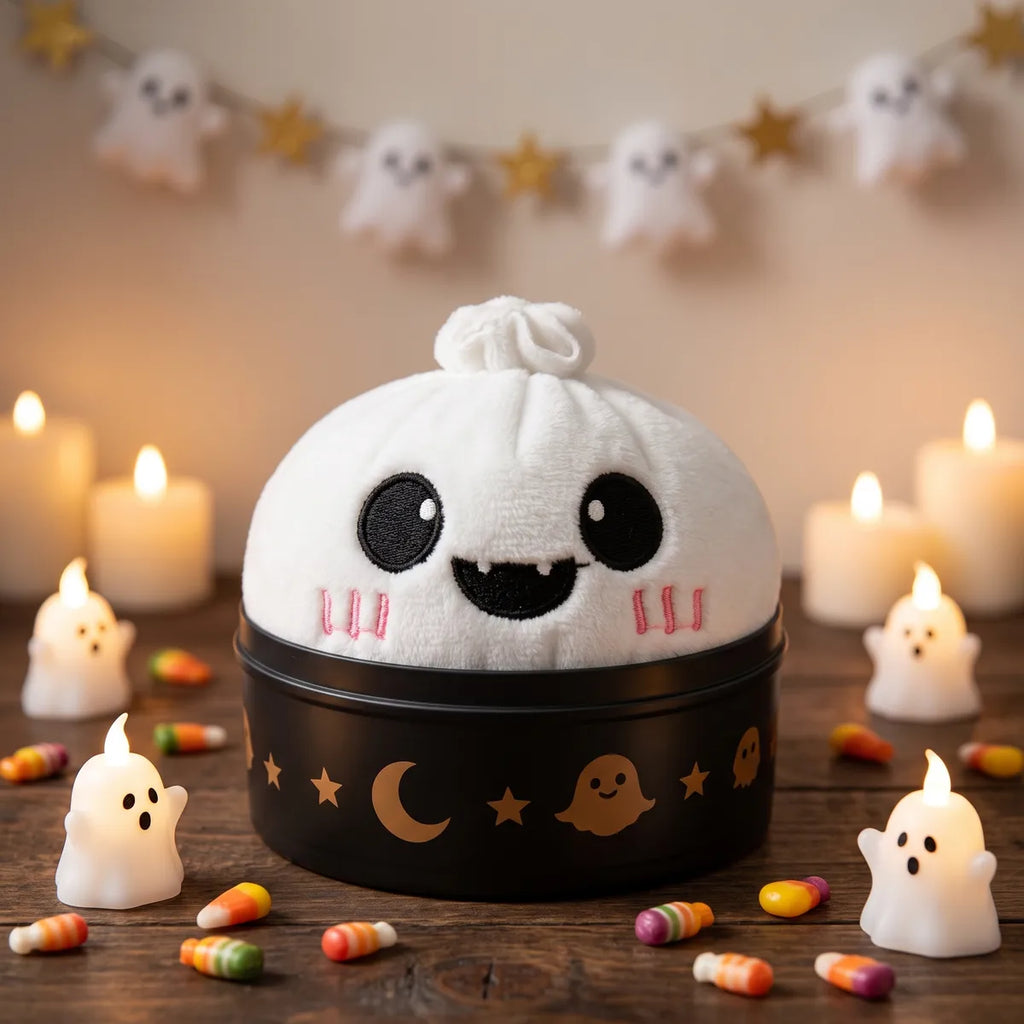 Moonlit Ghost Halloween Dumpling Squishy Plush sitting inside a round steamer basket