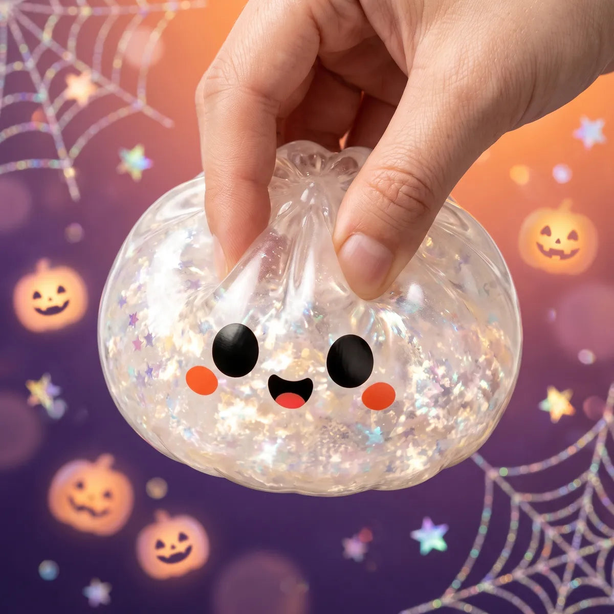 Ghost Halloween dumpling squishy squeezed flat to show its slow rising holographic gel
