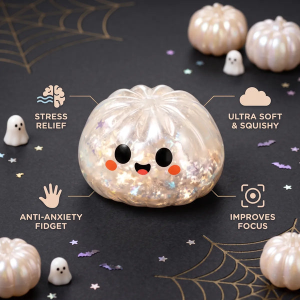 Ghost Halloween dumpling squishy with stress relief focus and anti anxiety fidget benefit icons