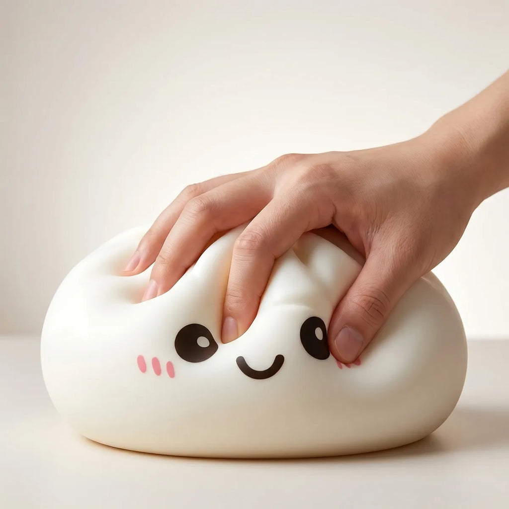 Giant dumpling squishy toy shown for size comparison