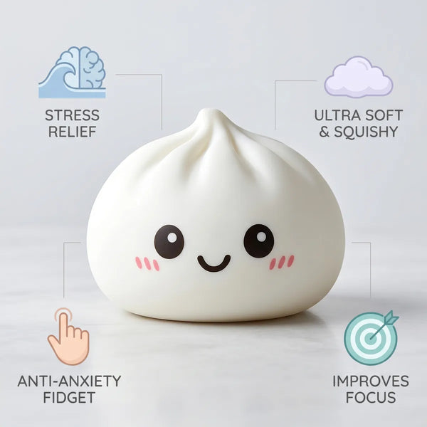 Giant dumpling squishy toy size guide infographic with dimensions