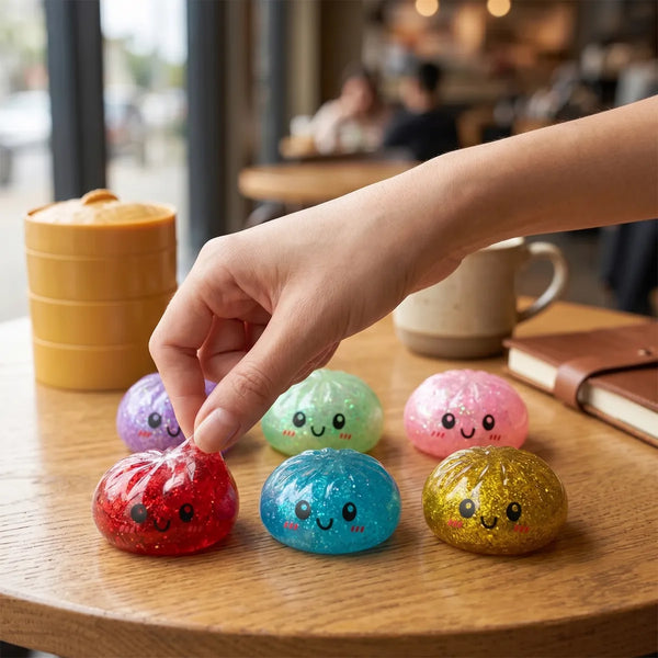 Glitter dumpling squishy set 6 pieces styled as cute desk decor