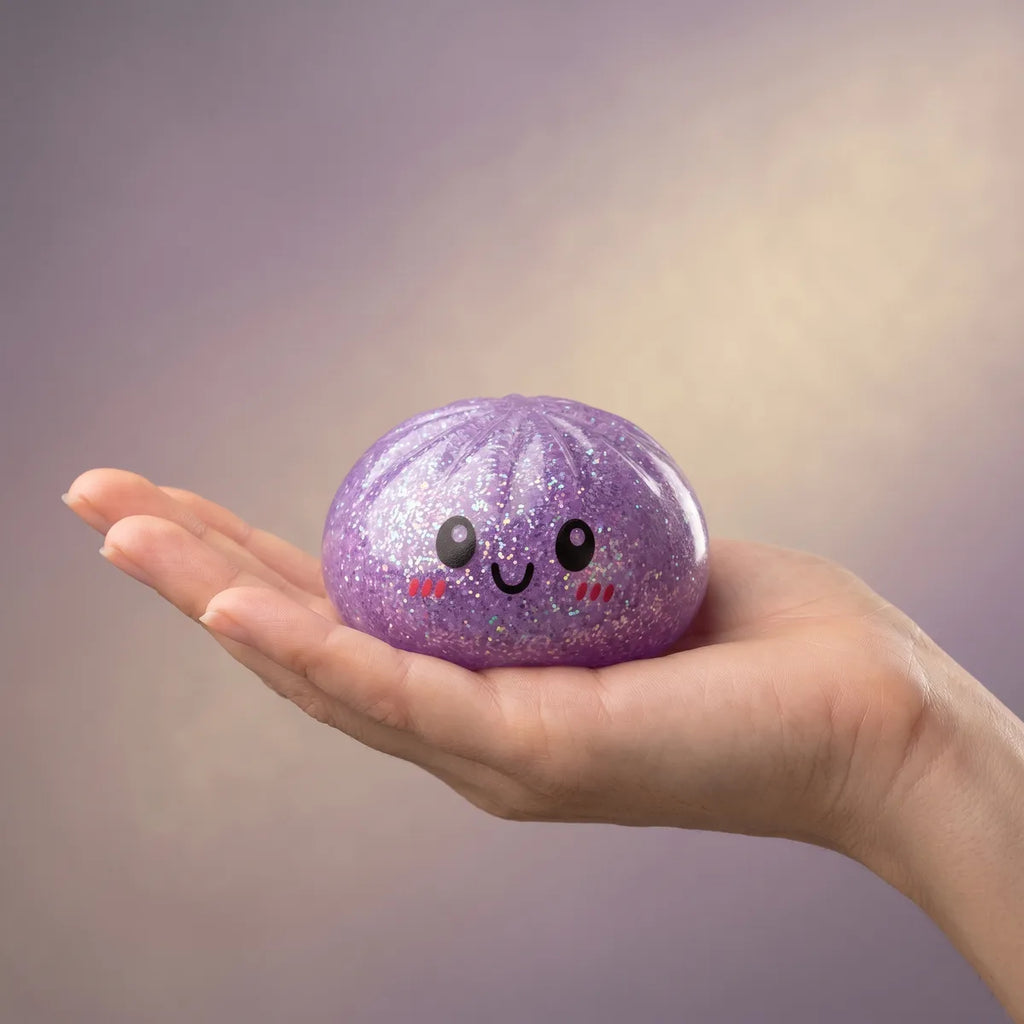 Glitter dumpling squishy set 6 pieces held in hand lifestyle shot