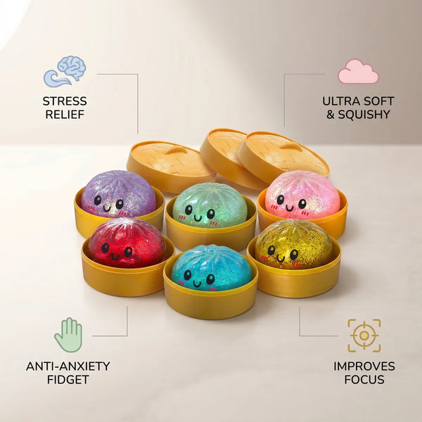 Glitter dumpling squishy set 6 pieces size guide infographic with dimensions