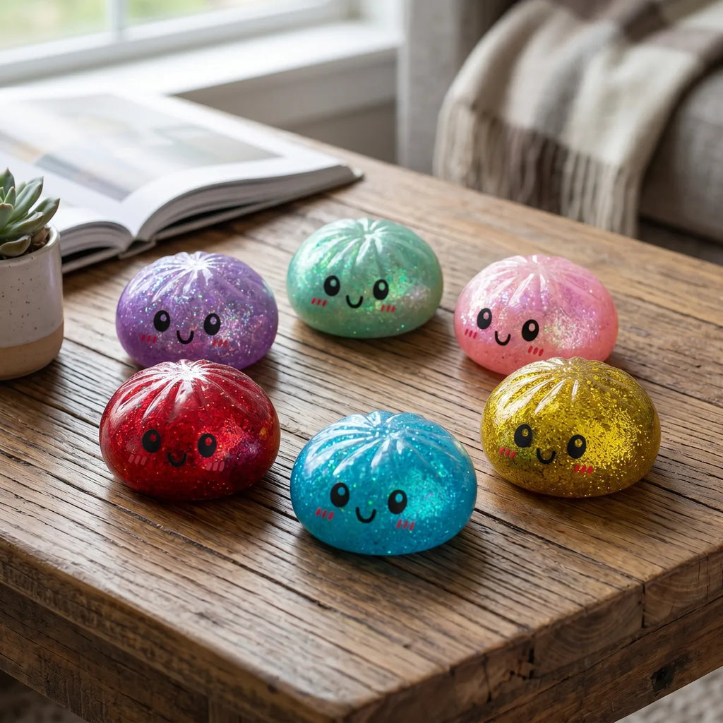 Glitter dumpling squishy set 6 pieces displayed with bamboo steamers