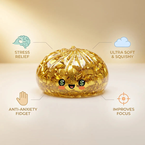 Infographic of Gold Dumpling Squishy benefits: stress relief, ultra soft squeeze, anti-anxiety fidget and improved focus