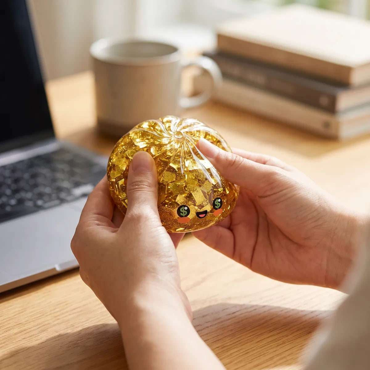 Gold Dumpling Squishy held at a desk beside a laptop and mug as a work fidget toy