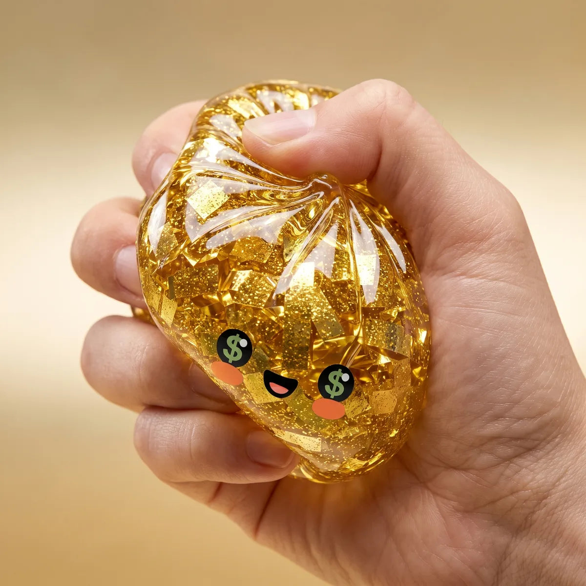 Gold Dumpling Squishy squeezed inside a closed fist showing its stretchy glitter-filled texture