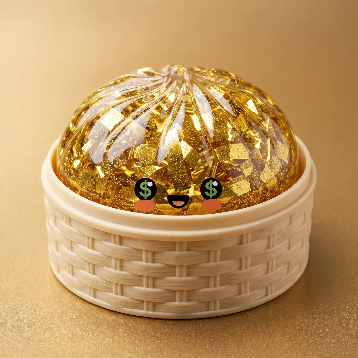 Close-up of the glitter-filled Gold Dumpling Squishy sitting in a woven bamboo steamer basket