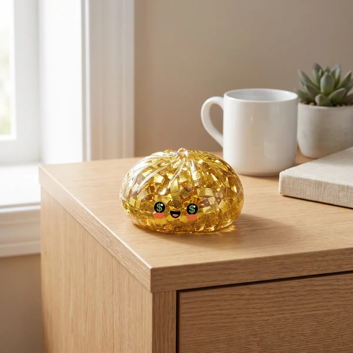 Gold Dumpling Squishy displayed on a wooden nightstand next to a mug and a succulent