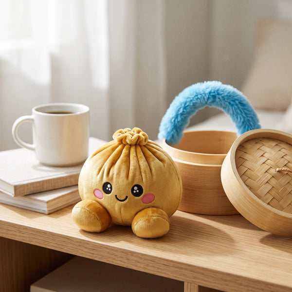 Royal Gold Dumpling Squishy Plush displayed on a bedroom shelf beside its open steamer