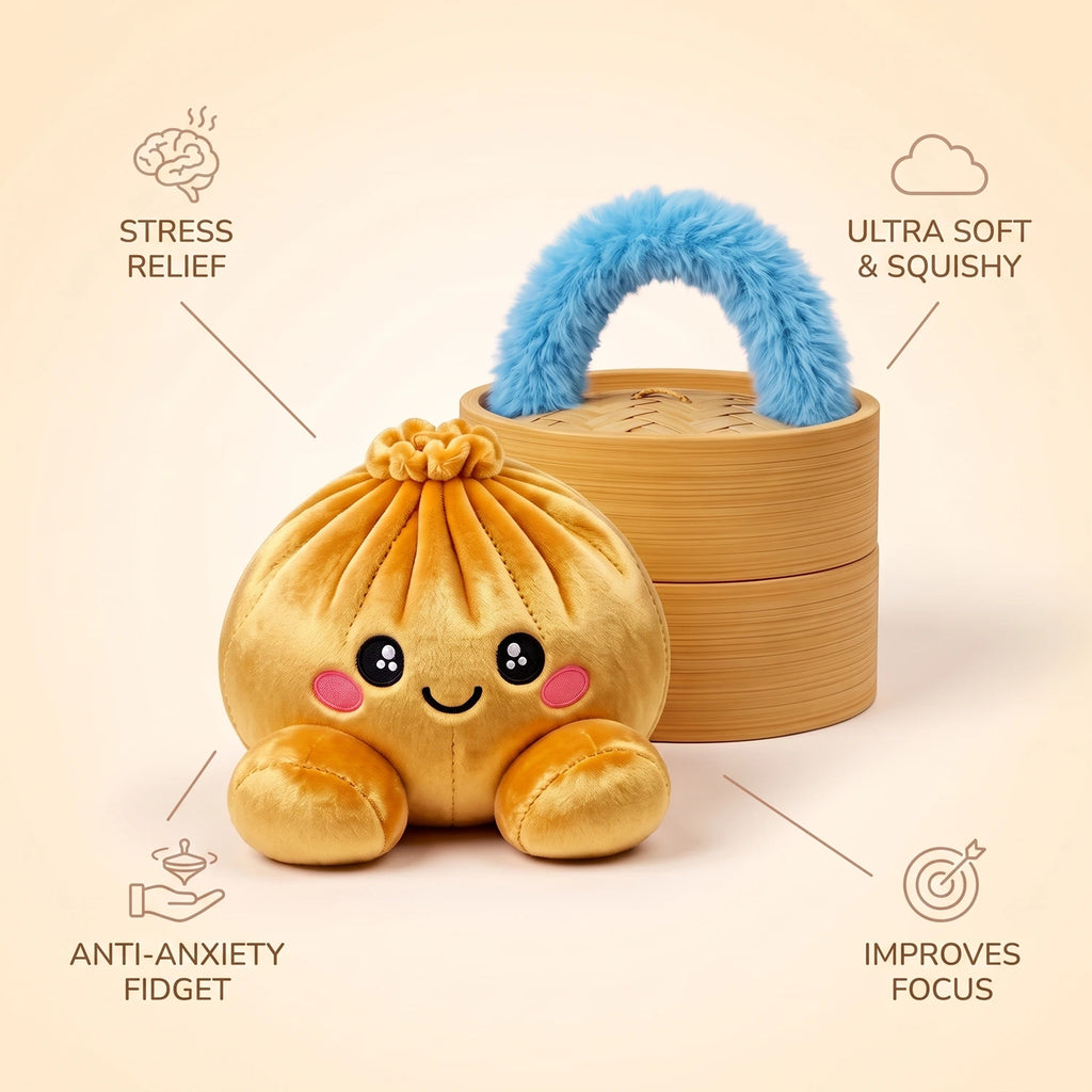 Royal Gold Dumpling Squishy Plush infographic: stress relief, ultra soft and squishy, anti-anxiety fidget, improves focus