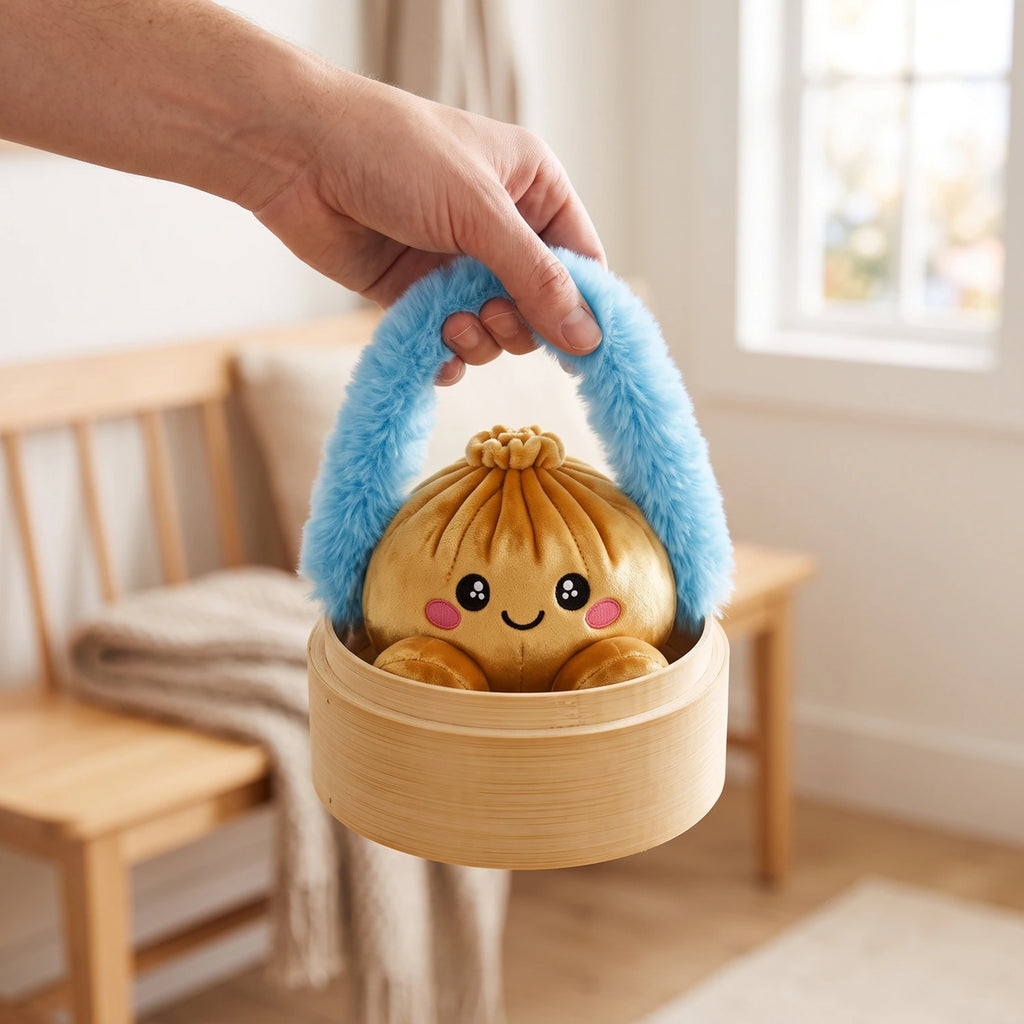Hand carrying the Royal Gold Dumpling Squishy Plush in its steamer case by the fluffy handle