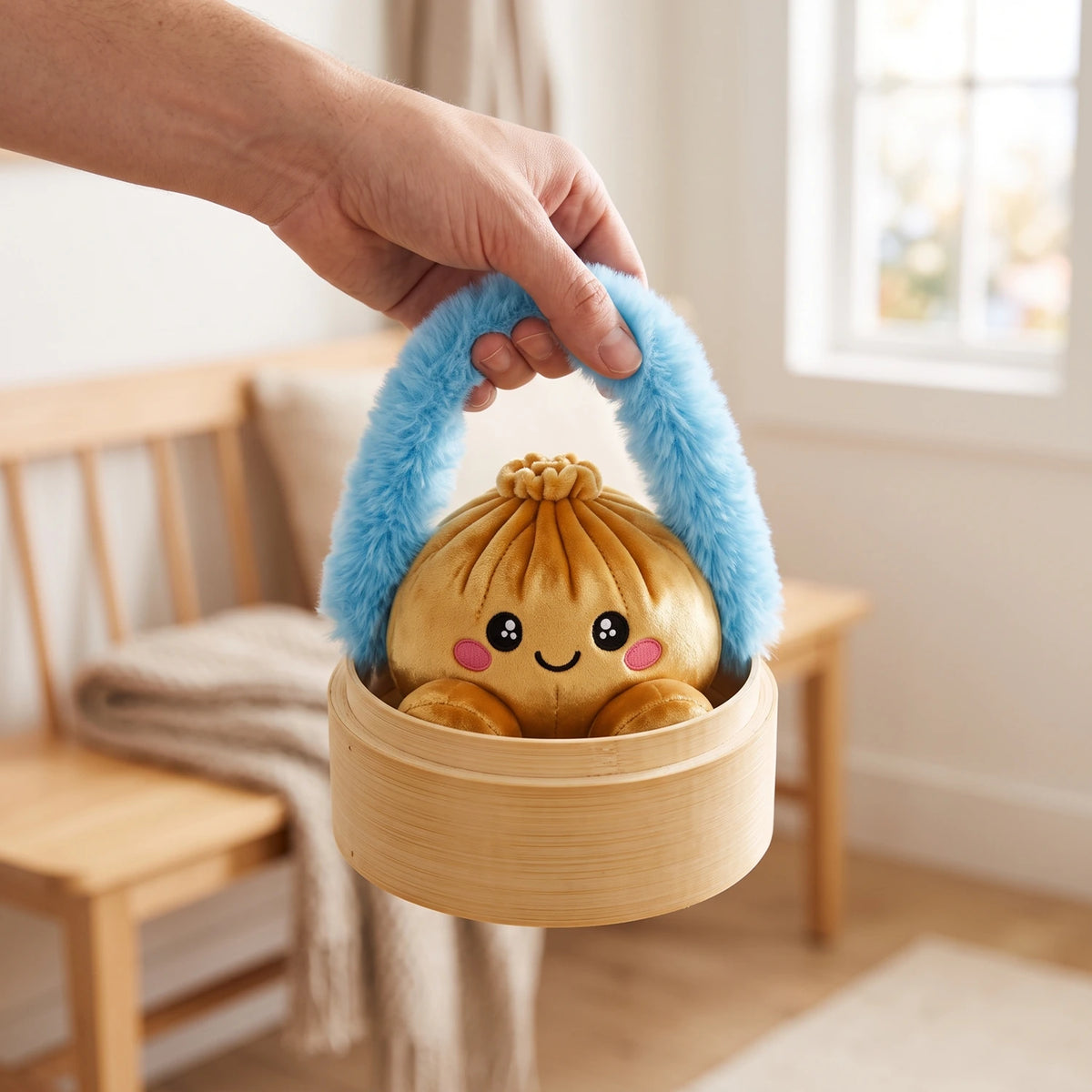 Hand carrying the Royal Gold Dumpling Squishy Plush in its steamer case by the fluffy handle