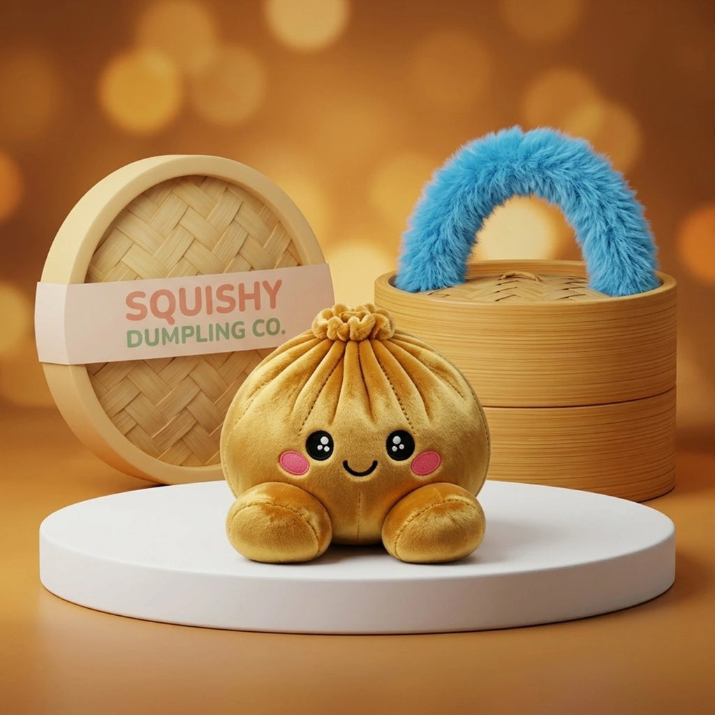 Royal Gold Dumpling Squishy Plush on a white studio podium beside a steamer basket