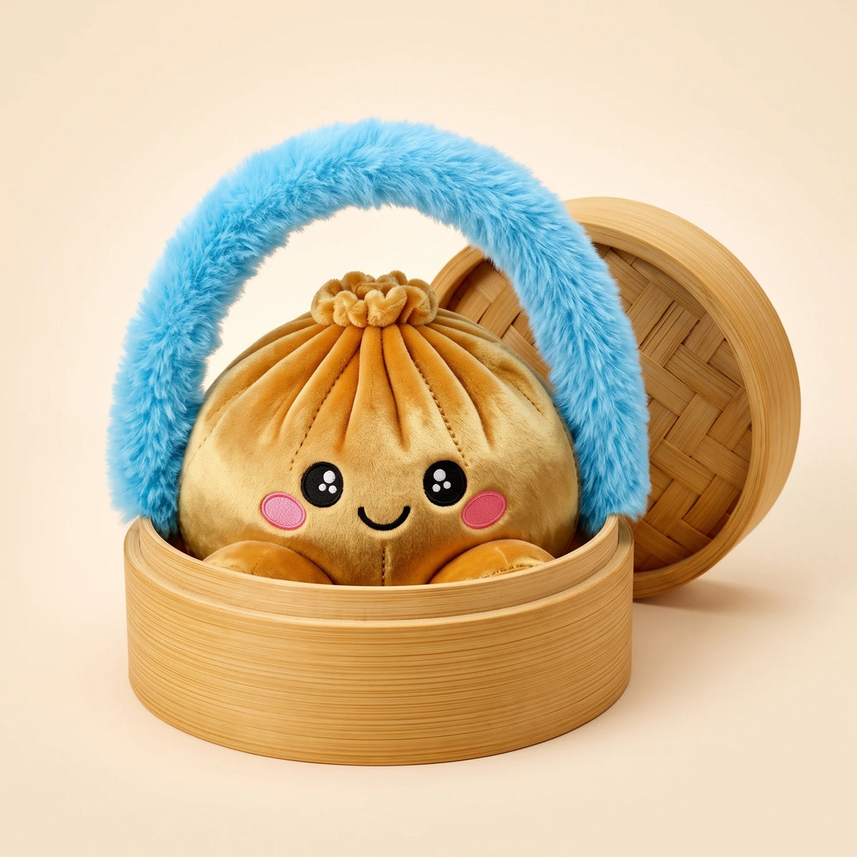 Royal Gold Dumpling Squishy Plush sitting in its bamboo steamer carry case with a fluffy blue handle