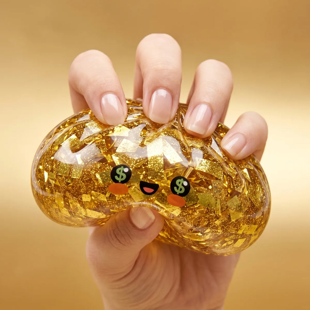 Fingers pressing the Gold Dumpling Squishy from the top to show its slow-rise squeeze