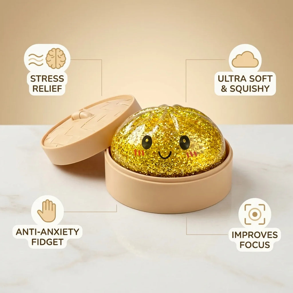 Gold glitter dumpling squishy features and benefits