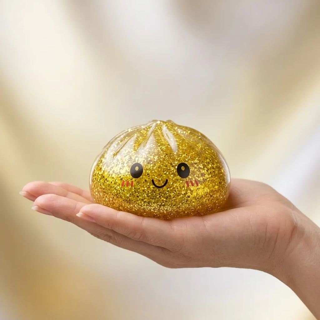 Hand holding a shiny gold glitter dumpling squishy