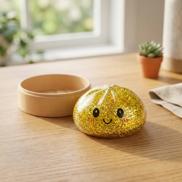 Gold glitter dumpling squishy displayed on a desk surface
