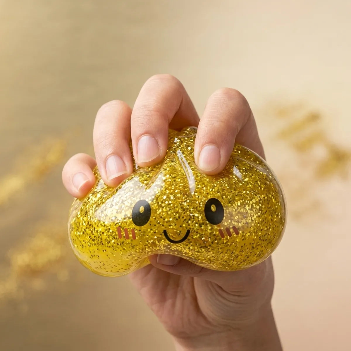 Hand squeezing the slow-rise gold glitter dumpling squishy