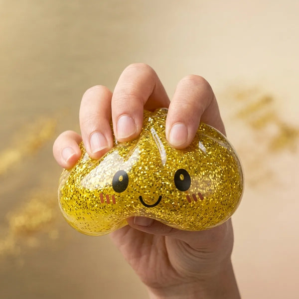 Hand squeezing the slow-rise gold glitter dumpling squishy