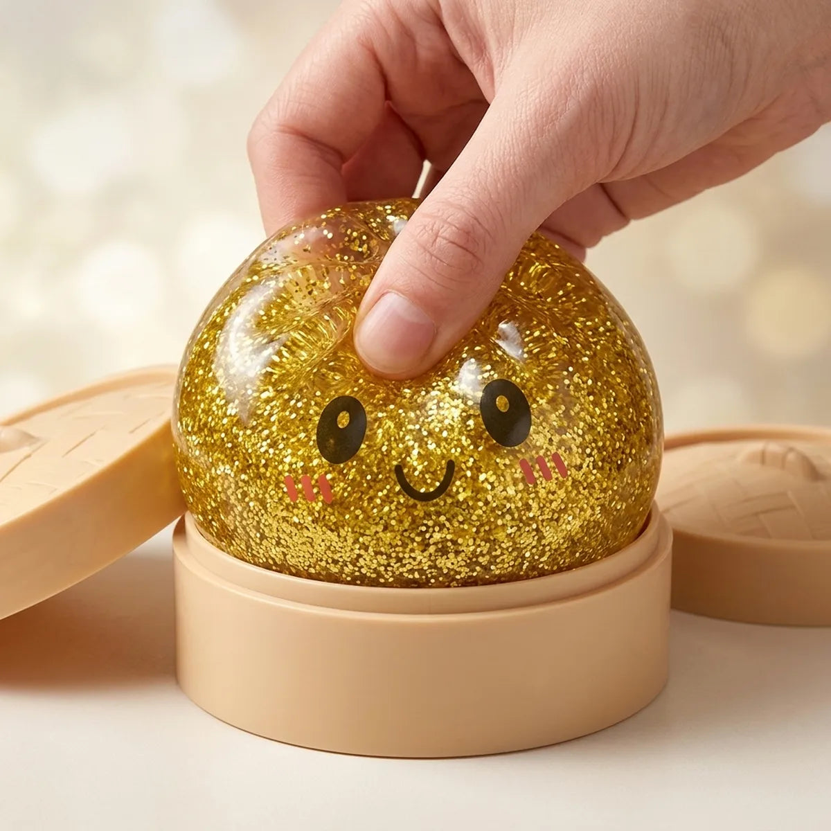 Close-up of fingers pressing the gold glitter dumpling squishy