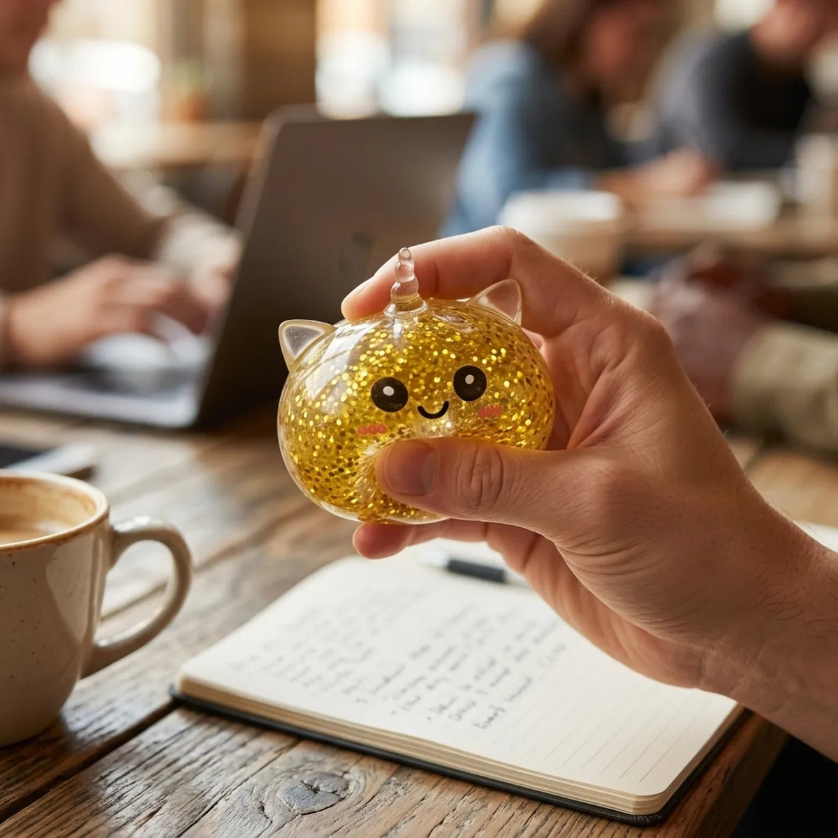 Person squeezing the gold unicorn glitter dumpling squishy as a desk fidget toy