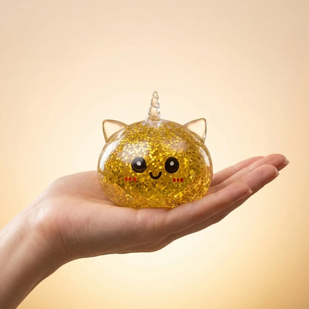 Hand holding the 5.5 cm gold unicorn glitter dumpling squishy to show its size