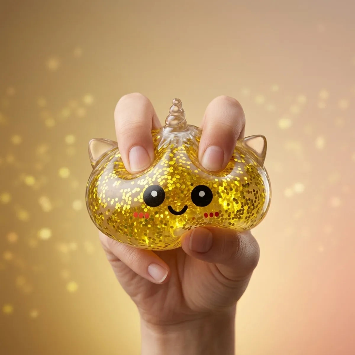 Fingers pressing the gold unicorn glitter dumpling squishy to show its slow rise