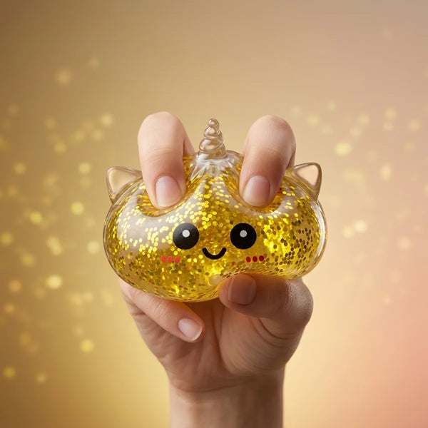Fingers pressing the gold unicorn glitter dumpling squishy to show its slow rise